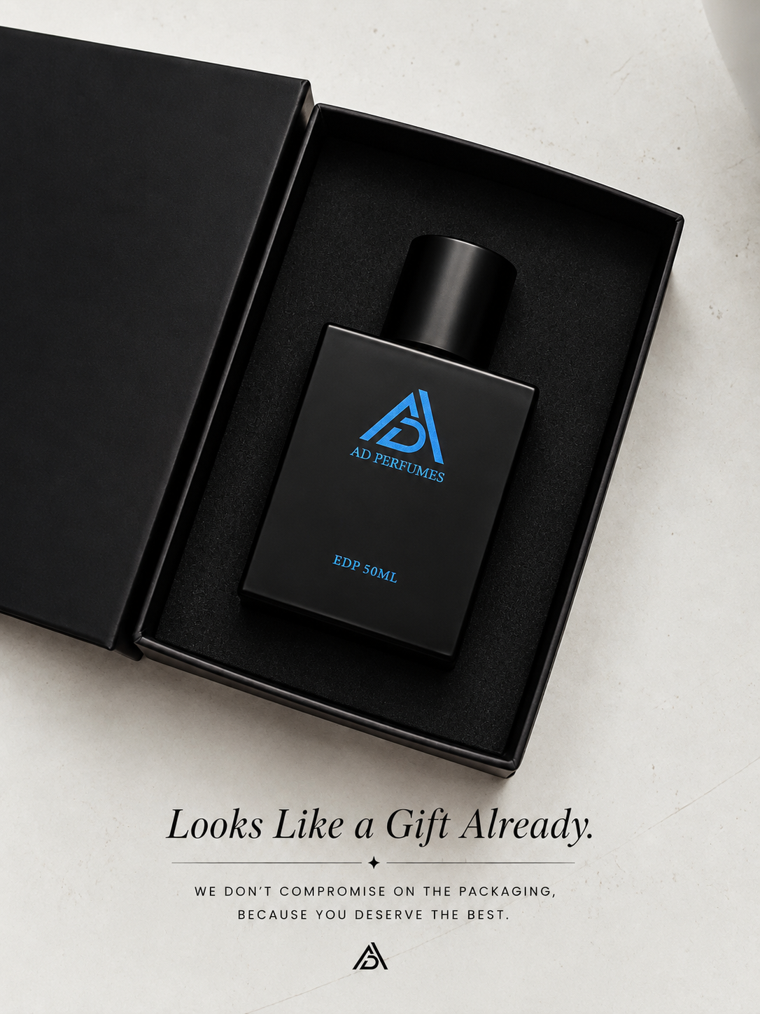 AD Perfumes black 50 ml Eau de Parfum bottle in premium gift box