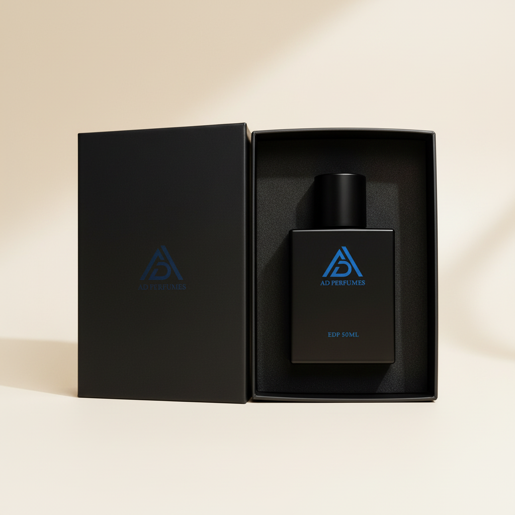AD Perfumes Addicted 50 ml Eau de Parfum bottle and gift box on a light studio background